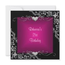 21st Birthday Party Black Bright Deep Pink Silver Personalized Announcements
