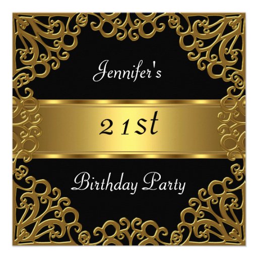 21st birthday Party Black Gold Personalized Invites (front side)
