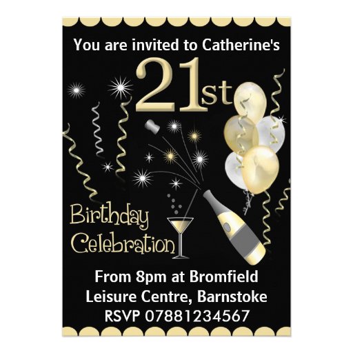 21st Birthday Party Invitations - Black & Gold (front side)