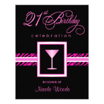 21st Birthday Party Invitations - Hot Pink Zebra