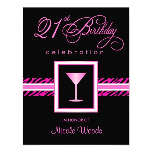 21st Birthday Party Invitations - Hot Pink Zebra (front side)