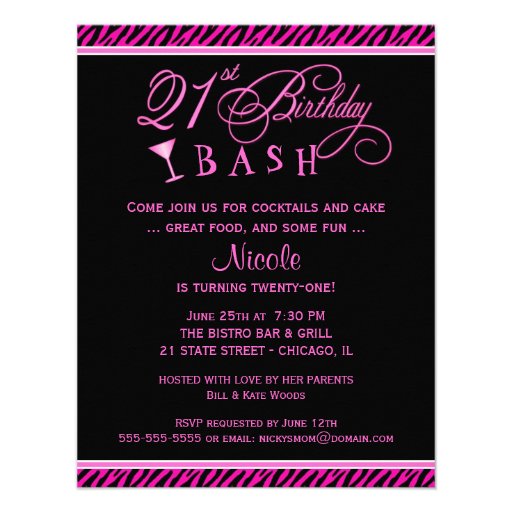 21st Birthday Party Invitations - Hot Pink Zebra