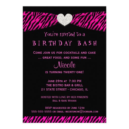21st Birthday Party Invitations - Hot Pink Zebra