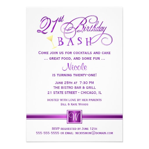 21st Birthday Party Invitations - with Monogram