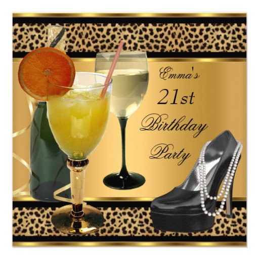 21st Birthday Party Leopard Drinks Shoe Invitations