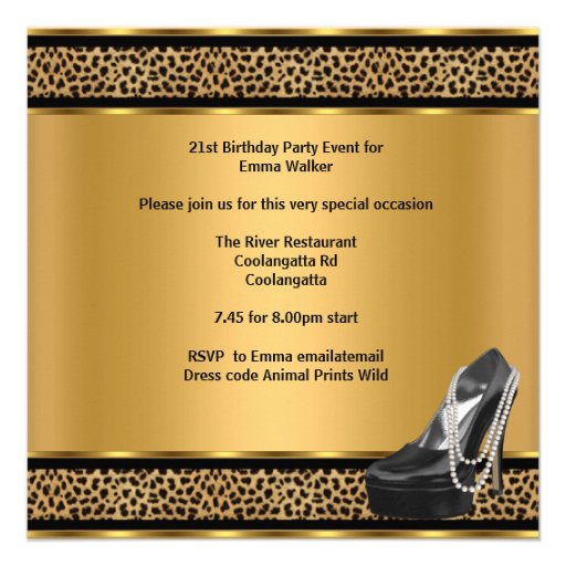 21st Birthday Party Leopard Drinks Shoe Invitations