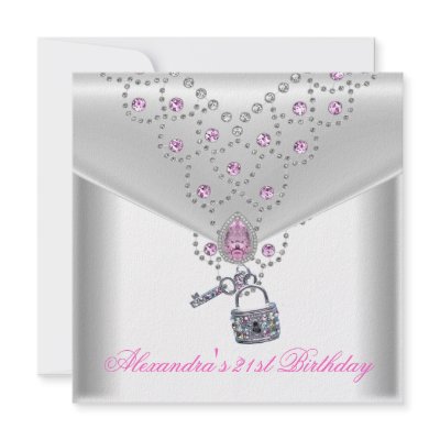 21st Birthday Party Overlay Pink Jewel Key Lock Personalized Invites by Zizzago