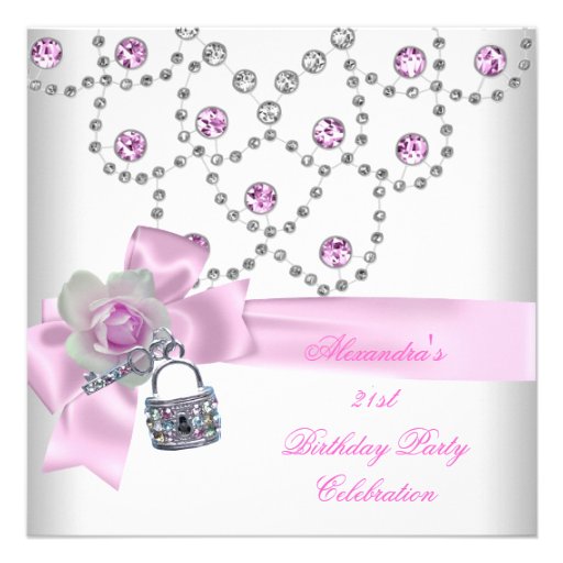 21st Birthday Party Overlay Pink Jewel Key Lock Custom Invitations