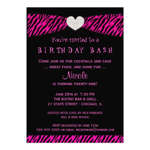 21st Birthday Party Photo Invitations - Pink Zebra