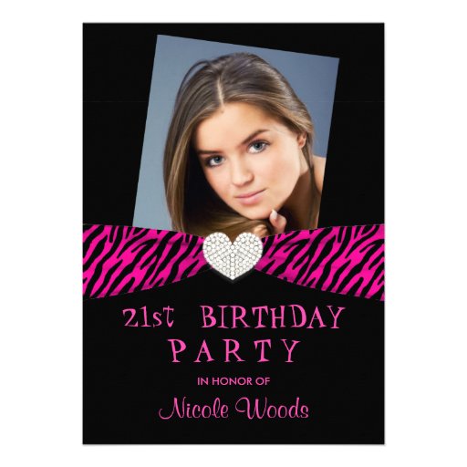 21st Birthday Party Photo Invitations - Pink Zebra