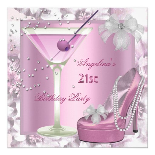 21st Birthday Party Pink Martini High Heel Floral Custom Announcement