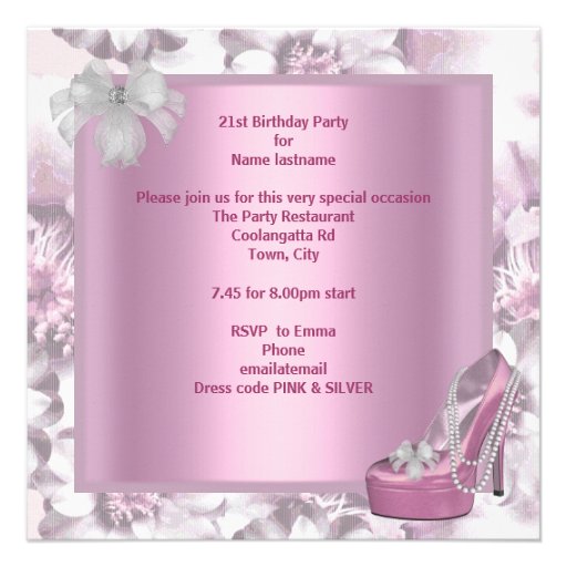 21st Birthday Party Pink Martini High Heel Floral Custom Announcement