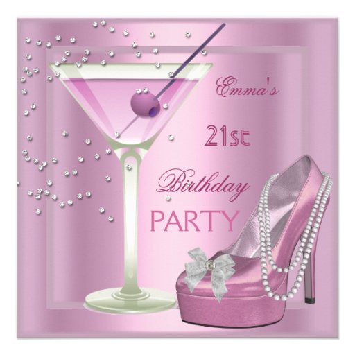 21st Birthday Party Pink Martini High Heel Shoes Personalized Invites (front side)