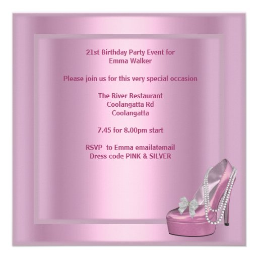 21st Birthday Party Pink Martini High Heel Shoes Personalized Invites