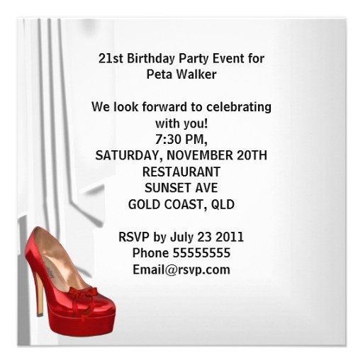 21st Birthday Party Red White Cocktail Shoe Custom Announcement