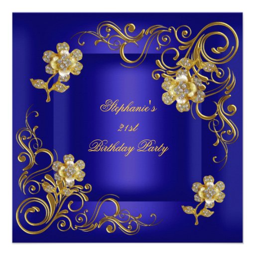 21st Birthday Party Royal Blue Gold Diamond Invite (front side)