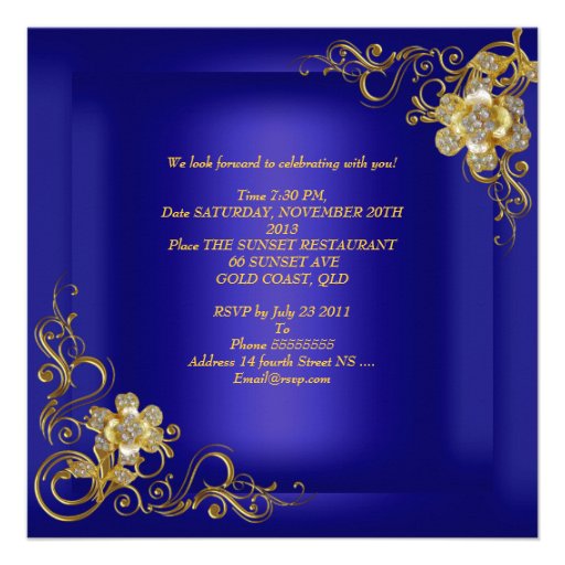 21st Birthday Party Royal Blue Gold Diamond Invite