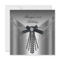 21st Birthday Party Silver Black Diamond Bow Personalized Invite