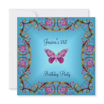 21st Birthday Party Teal Blue Pink Black Butterfly Custom Invites by ShanDesign