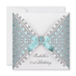 21st Birthday Party Teal Blue Silver White Diamond Announcements