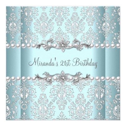 21st Birthday Party Teal Blue White Pearl Silver Announcements