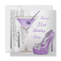 21st Birthday Party White Lilac Martini Pearl Shoe Custom Announcements