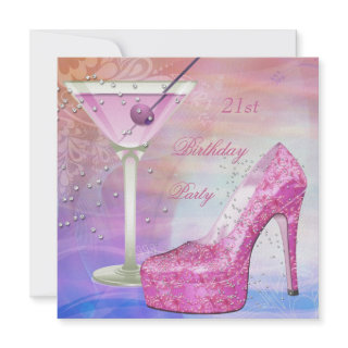 21st Birthday Party White Pink Blue Martini Shoe Custom Invites