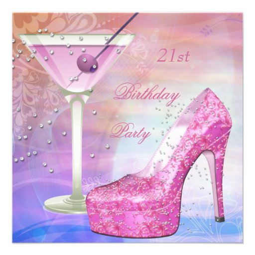 21st Birthday Party White Pink Blue Martini Shoe 525x525 Square Paper Invitation Card Zazzle 1858