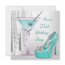 21st Birthday Party White Teal Martini Pearl Shoe Custom Announcements