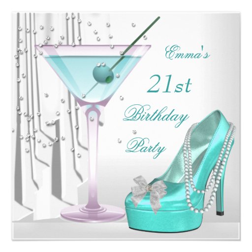 21st Birthday Party White Teal Martini Pearl Shoe Custom Announcements