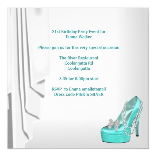 21st Birthday Party White Teal Martini Pearl Shoe Custom Announcements