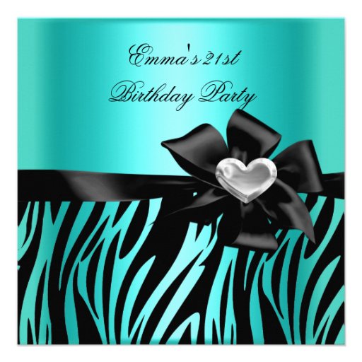 21st Birthday Party Zebra Silver Teal Blue Black Custom Invite (front side)
