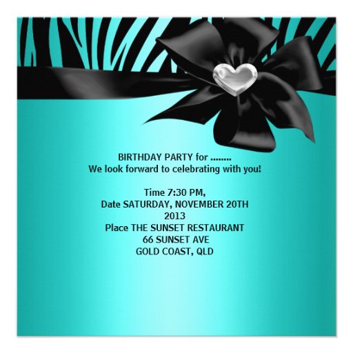 21st Birthday Party Zebra Silver Teal Blue Black Custom Invite