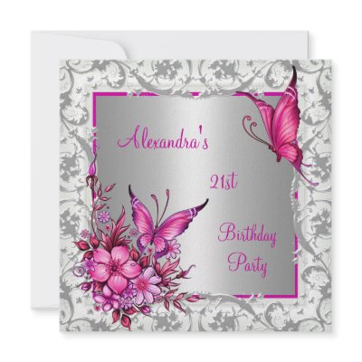 21st Birthday Pink Floral Butterfly Silver White Custom Invite by Zizzago