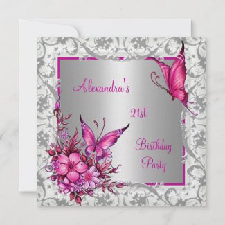 21st Birthday Pink Floral Butterfly Silver White zazzle_invitation
