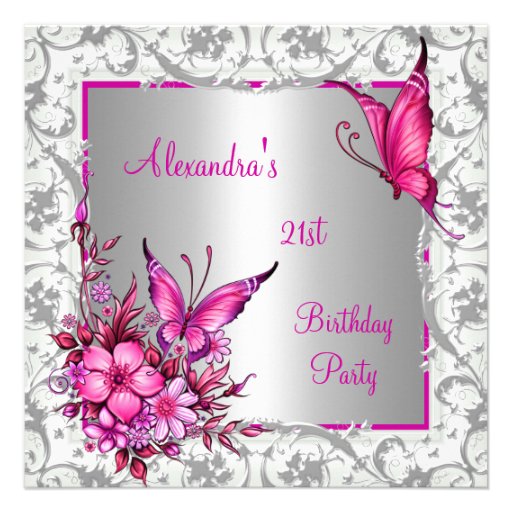 21st Birthday Pink Floral Butterfly Silver White Custom Invite