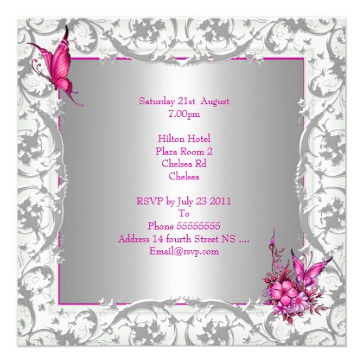 21st Birthday Pink Floral Butterfly Silver White Custom Invite