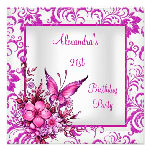 21st Birthday Pink Floral Butterfly Silver White Personalized Invitation