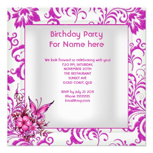 21st Birthday Pink Floral Butterfly Silver White Personalized Invitation