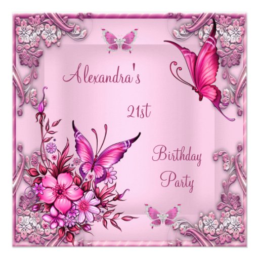 21st Birthday Pretty Pink Floral Butterfly Silver Invites (front side)