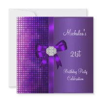 21st Birthday Sequins Purple Diamond Bow Personalized Invitations