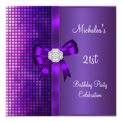 21st Birthday Sequins Purple Diamond Bow Personalized Invitations (front side)