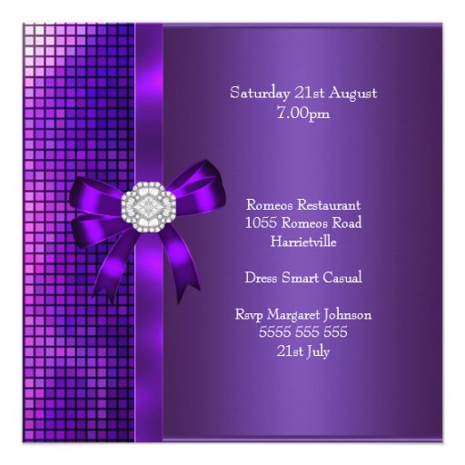 21st Birthday Sequins Purple Diamond Bow Personalized Invitations