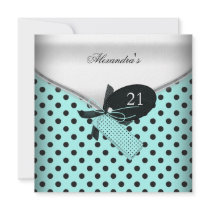 21st Birthday Teal Black White Polka Dot Bow Image invitations
