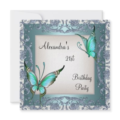21st Birthday Teal Floral Butterfly Silver White 2 Announcement by Zizzago