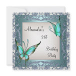 21st Birthday Teal Floral Butterfly Silver White 2 Announcement