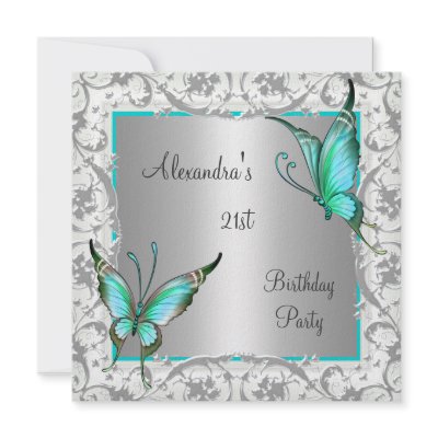 21st Birthday Teal Floral Butterfly Silver White Invitations by Zizzago