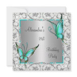21st Birthday Teal Floral Butterfly Silver White Invitations
