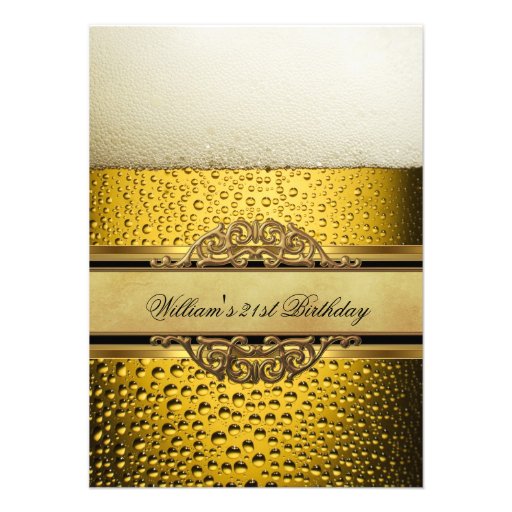 21st Mans Beer Black Gold Birthday Party Invites (front side)