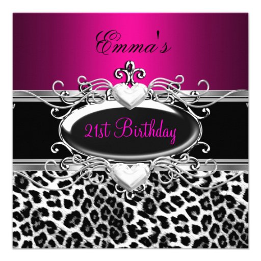 21st Party Silver Pink Black White Leopard Invitations (front side)